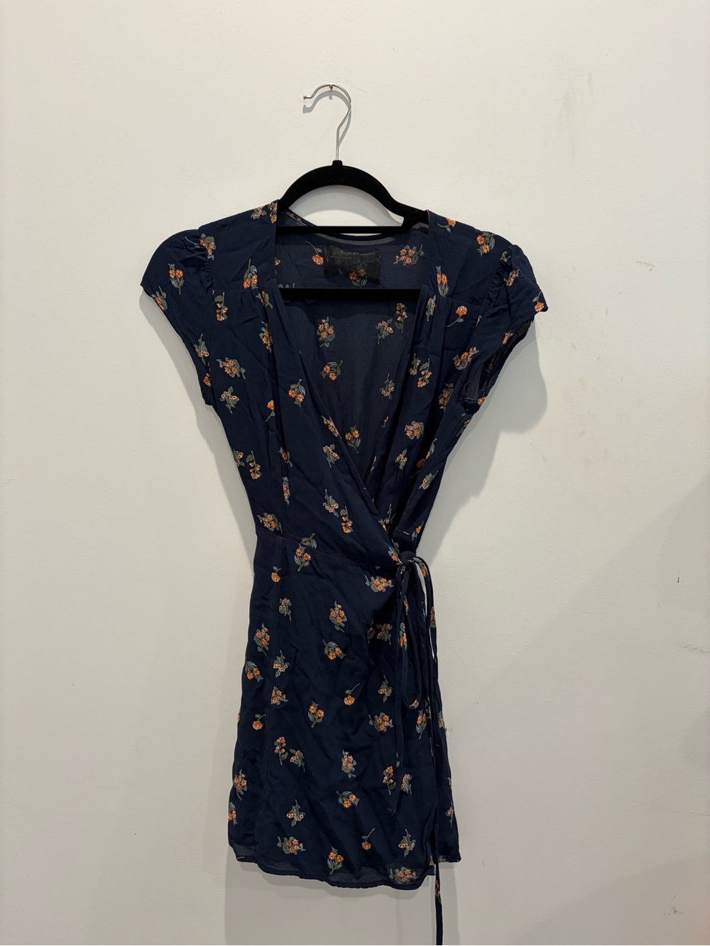 Reformation Navy Mini Wrap Dress with Orange Floral Print